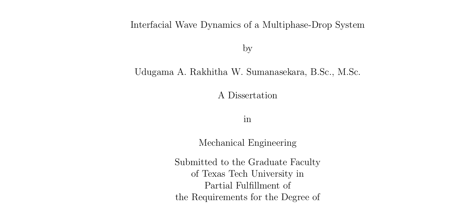Dissertation title page for Interfacial Wave Dynamics of a Multiphase-Drop System